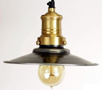 Flat Industrial Pendant Light - Brass with Pewter Shade 8"